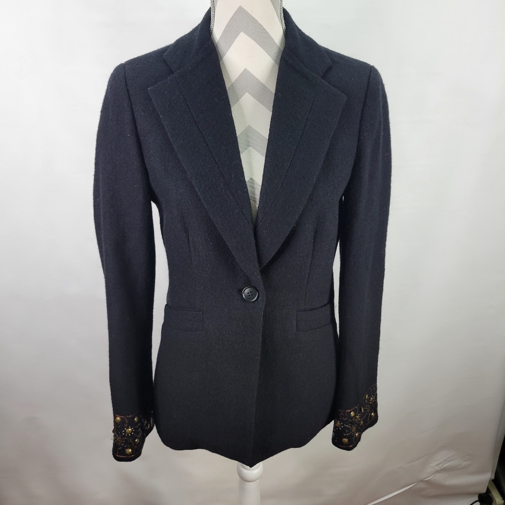 Barry Bricken Wool 1 Button Blazer Embroidery & Gold Disc Accents Lined Size 4